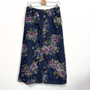 VTG‎ Sharon Anthony Denim Skirt S Roses Tencel Floral Boho Party Belt Loops NEW